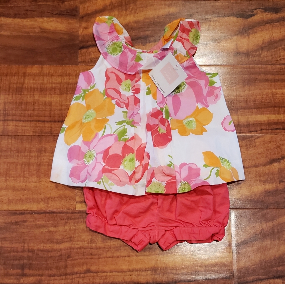 Janie and Jack NWT/EUC 6-12 months orange/pink floral blouse, pink bubble shorts